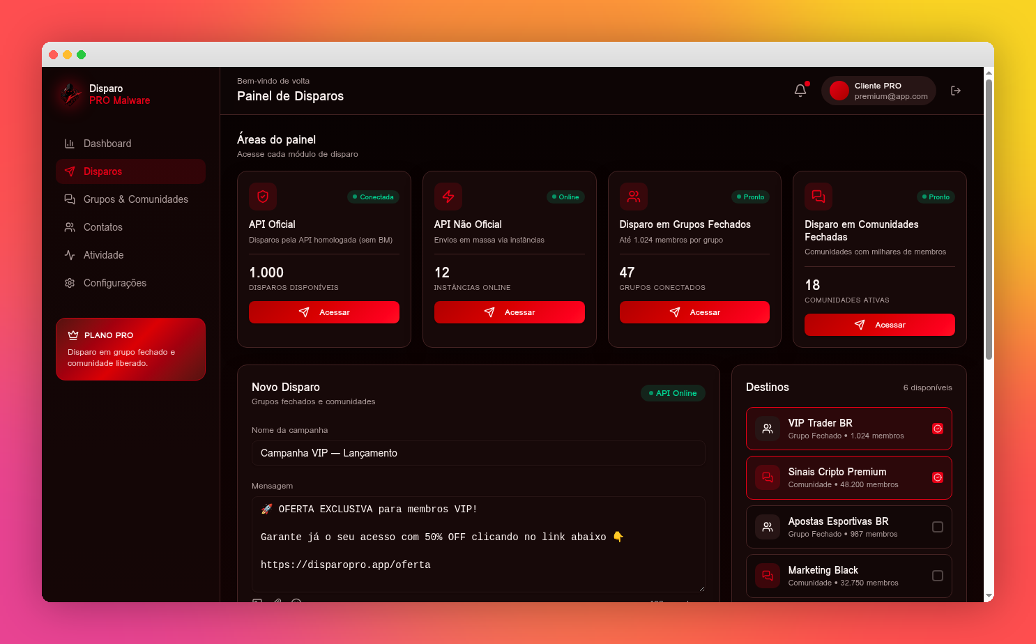 Prévia do painel Disparo PRO Malware
